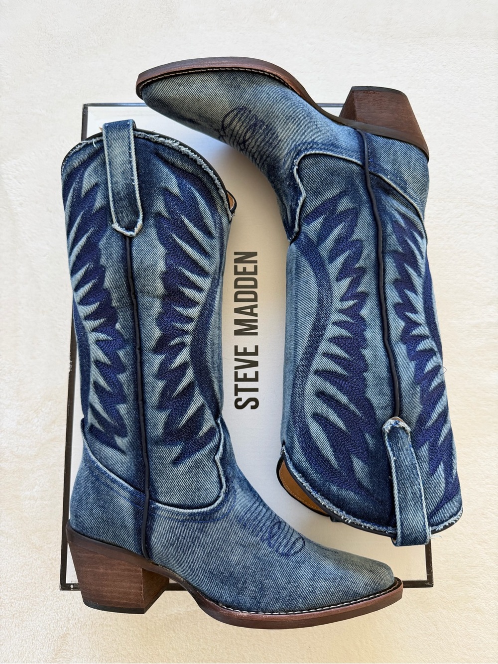 Steve Madden Blue Denim Embroidered Western Knee Boots